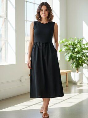 Eileen Fisher Washed Organic Cotton Poplin Round Neck Dress NWT Black Med